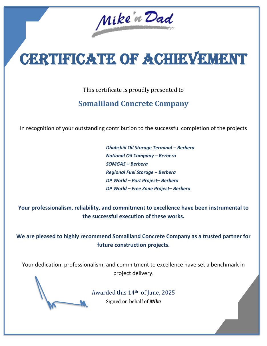 Certificate of Achievement from Mike'N Dad for DOST, NOC, SOMGAS, Regional Fuel Storage and DP World projects